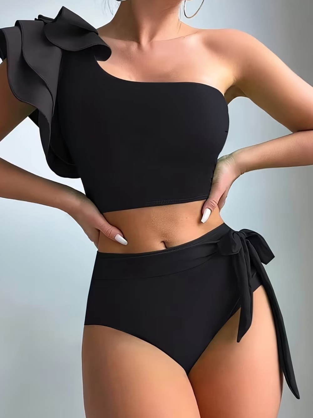 One-Shoulder Ruffle High-Waist Bikini Set - Black